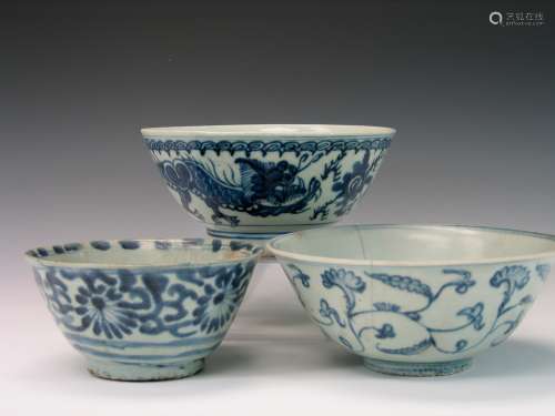 Three Chinese blue and white porcelain bowls.