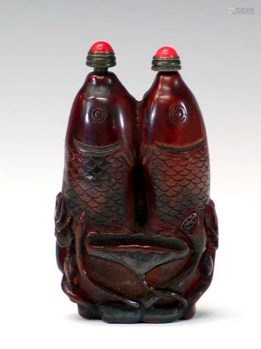 Chinese carved wood double fish snuff bottle.