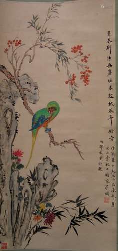 Chinese water color painting scroll, floral and bird