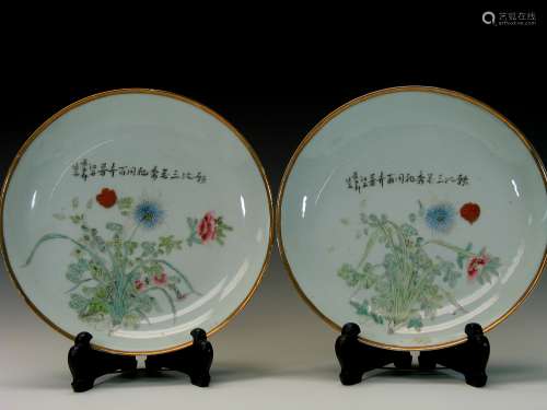 Pair Chinese famille rose porcelain plates.
