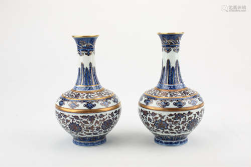 Pair Chinese gilted blue and white porcelain vases,