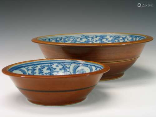 Two Chinese brown glazed blue and white porcelain