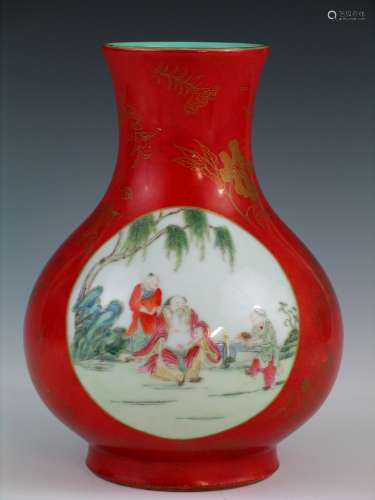 Chinese coral red glazed famille rose porcelain vase,