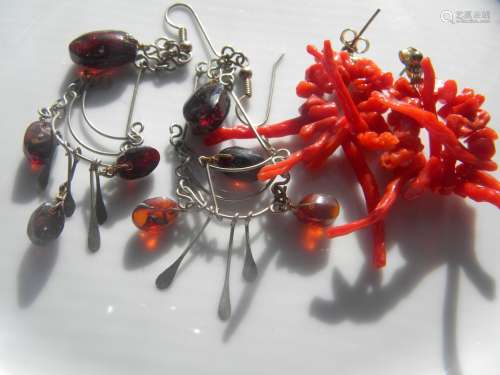 Pair of Red Coral and Sterling Amber Earrings