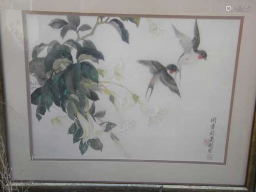Vintage Painting of Bird and Flower Framed