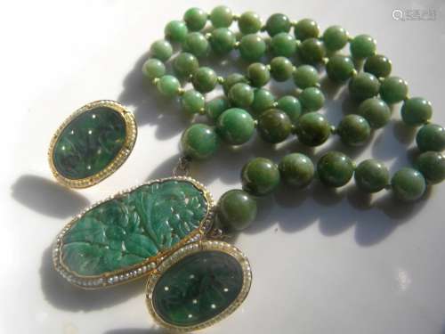 Set of 14K Gold Jadeite Necklace and Earrings
