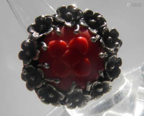 Antique Sterling Red Coral Flower Ring