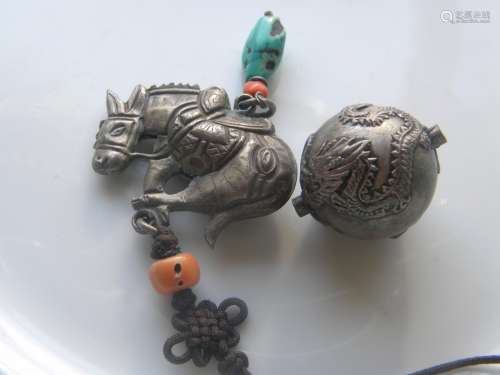 Antique Chinese Silver Dongky Pendant and Dragon ball