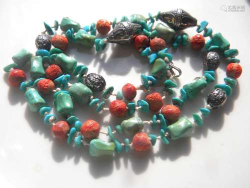 Antique Chinese Turquoise Coral and Silver Necklace