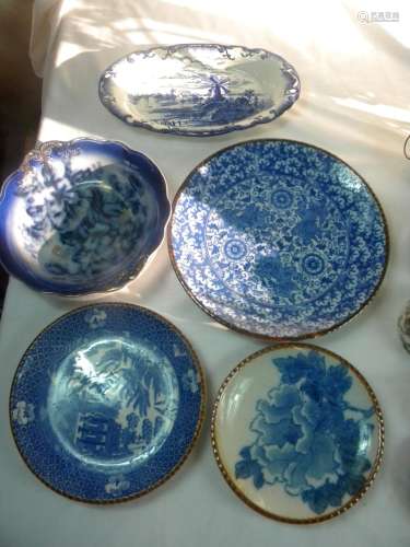 Five Antique Blue and White Plates and Bowl