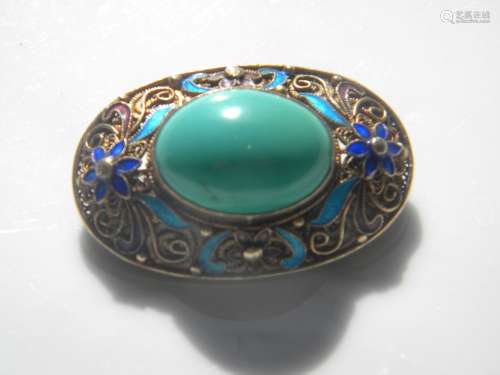 Antique Chinese Turquoise Silver Filigree Brooch Pin