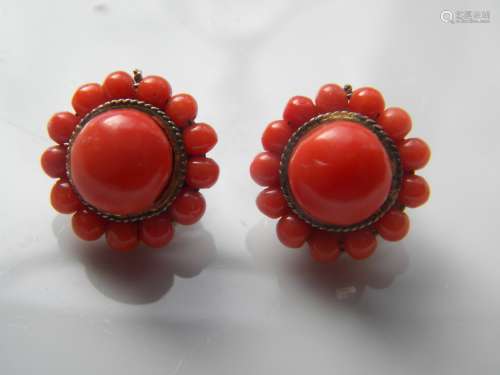 Pair of Antique Natural Red Coral Earrings