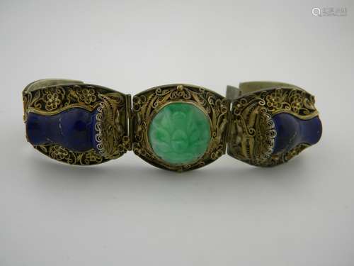 Antique Chinese Silver Filigree Jadeite Lapis Bracelet