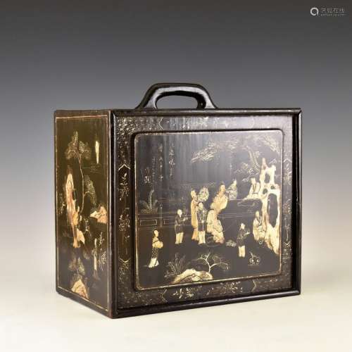 ANTIQUE CHINESE EBONY LACQUER BOX, 19TH C