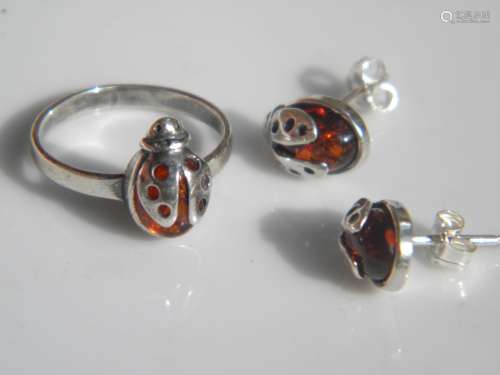 Set of Silver Amber Earrings and Ring