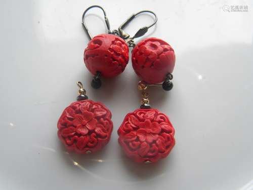 Two Pairs of Red Laquer Earrings