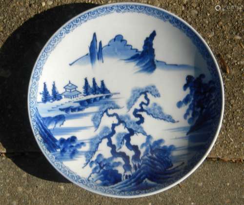 Antique Chinese Blue and White Plate Mountain Scene