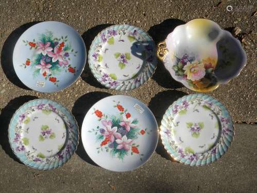 Six Antique Flower Plates