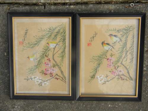 Two Antique Bird Hand Painted Painting Framed