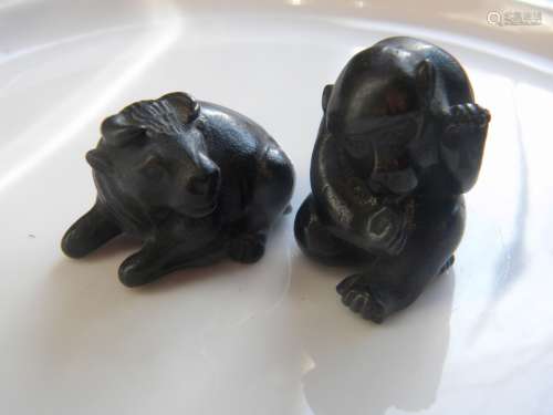 Pair of Antique Bronze Paper Weight Monkey and Cow