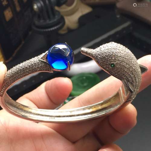 Dolphin Bracelet with Blue Stone Adjustable Width