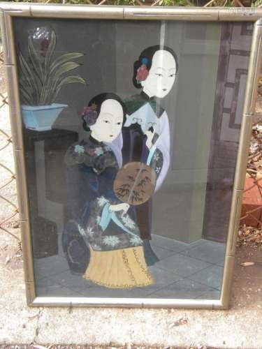 Antique Chinese Glass Inner Painting Two Beauty Framed