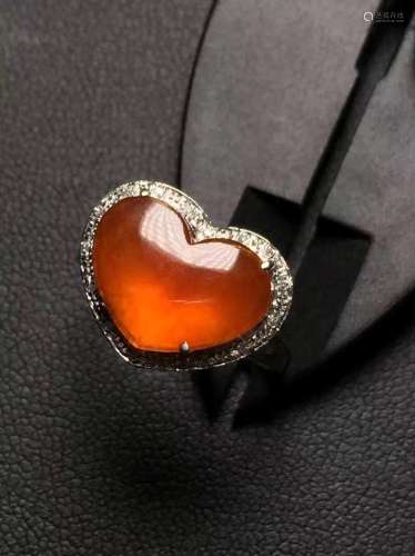 18K Gold Natural Red Jadeite Heart Shape Ring