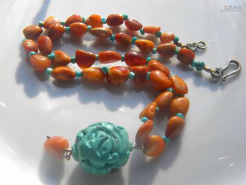 Antique Butter Scotch Necklace with Dragon Turquoise