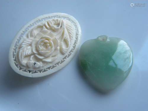 Antique Carved Brooch Pin and Green Jadeite Heart Shape
