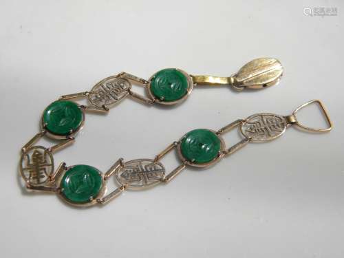Antique Chinese 14K Gold Green Jadeite Bracelet