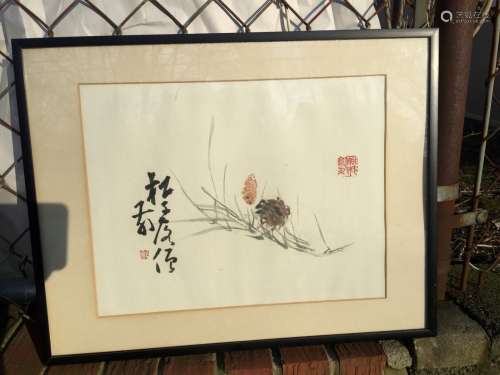 Antique Chinese Painting of Pine Cone Framed