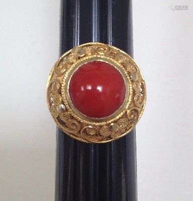 Antique Chinese Natural Red Coral Filigree Ring