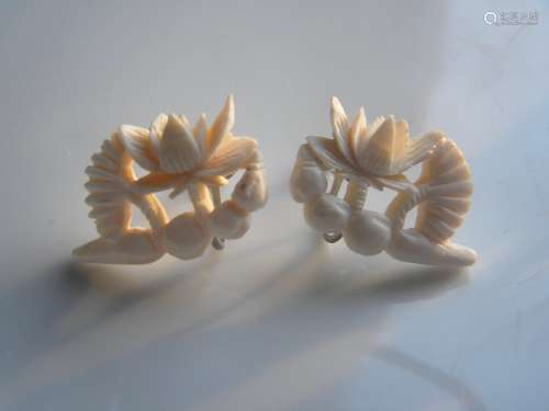 Pair of Carved Lotus Root and Flower Earrings