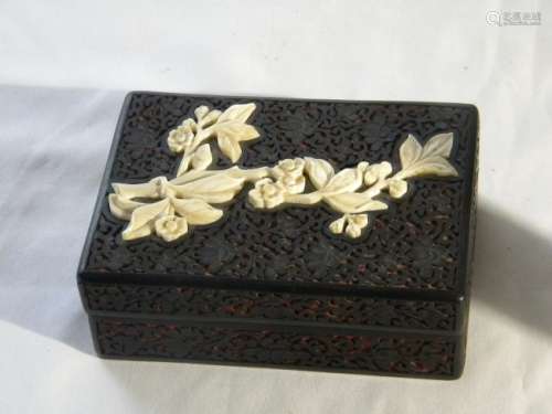 Antique Chinese Lacquer Box with Flower Inlay