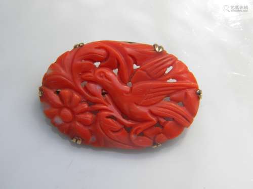 14K Gold Red Coral Carved Bird Brooch Pin