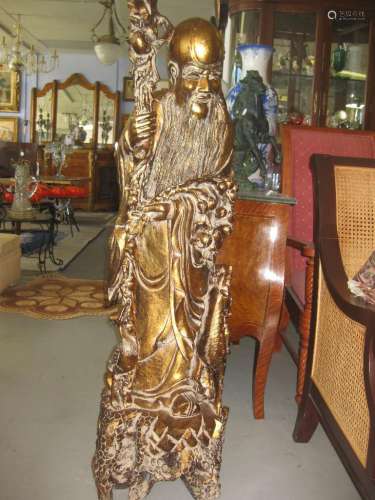 Chinese carved wooden gilt statue of immortal Shou Xin, 51 in, 130 lb.
