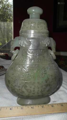 Certified Qing/Ming dynasty Chinese jade spinach vase, 26 cm