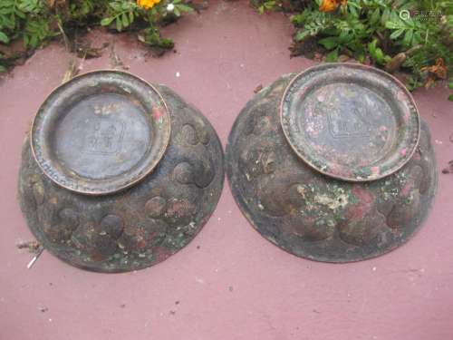 Chinese Museum Bronze Bowl Pair, Tang Dynasty 599-649AD