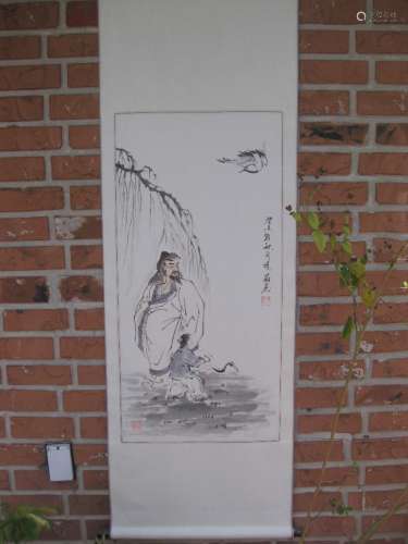 Ancient people & crane, Chinese hanging scroll 175cm