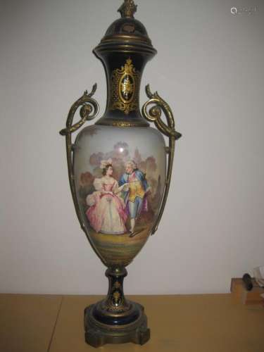Elegant Sevres porcelain & bronze vase, 25in.=62cm