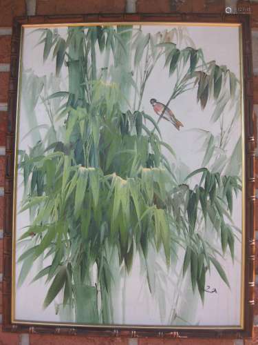 Oil painting on board, - Bamboo & bird; framed 65x50 cm