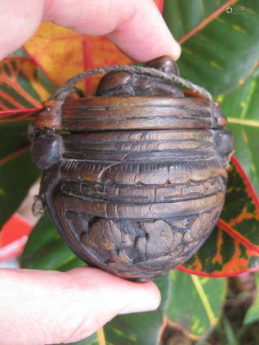 Chinese wooden antique small container on the rope, Qing Dynasty