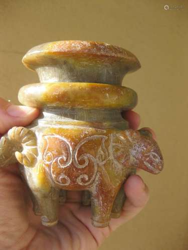 Shang dynasty? Chinese Carved Jade 3 Rams Tripod Burner