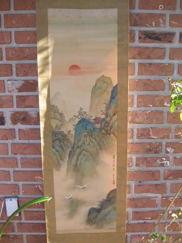 Japanese scroll - Two cranes at mount scenery