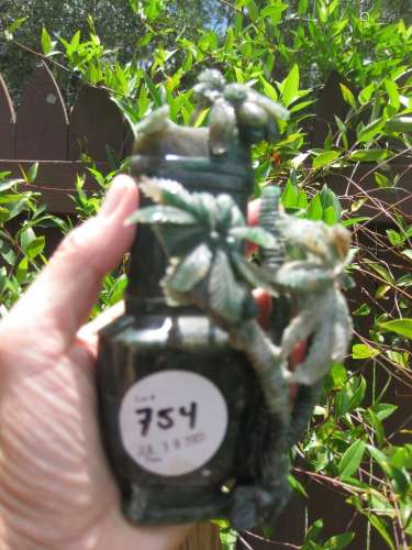 Chinese carved Honan jade vase with lid and 3 palm tree