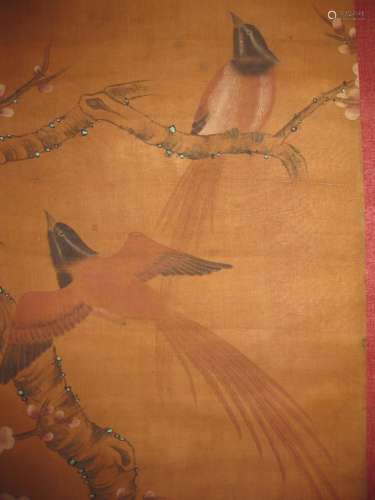 Chinese scroll painting on silk, Two humming birds, attributed to Ma Yuan Yu