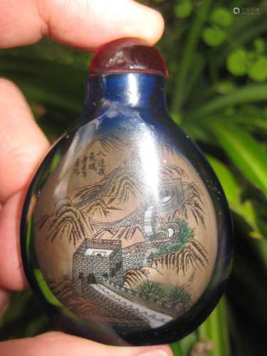 Chinese antique snuff black bottle: Great Wall of China