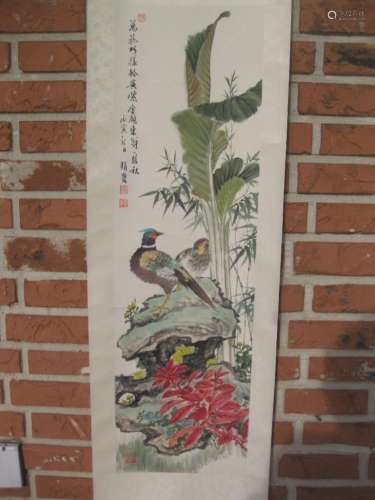 Chinese hanging scroll painting, Birds on Rockery