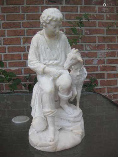 Alabaster sculpture Boy Feeding Goat, 19th-20th c, 15in