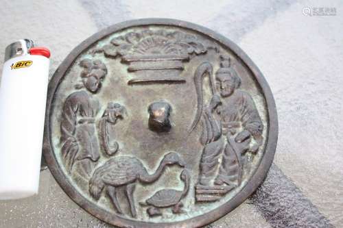 Chinese bronze mirror, 2 people, dog, crane, bamboo, Qing dynasty style